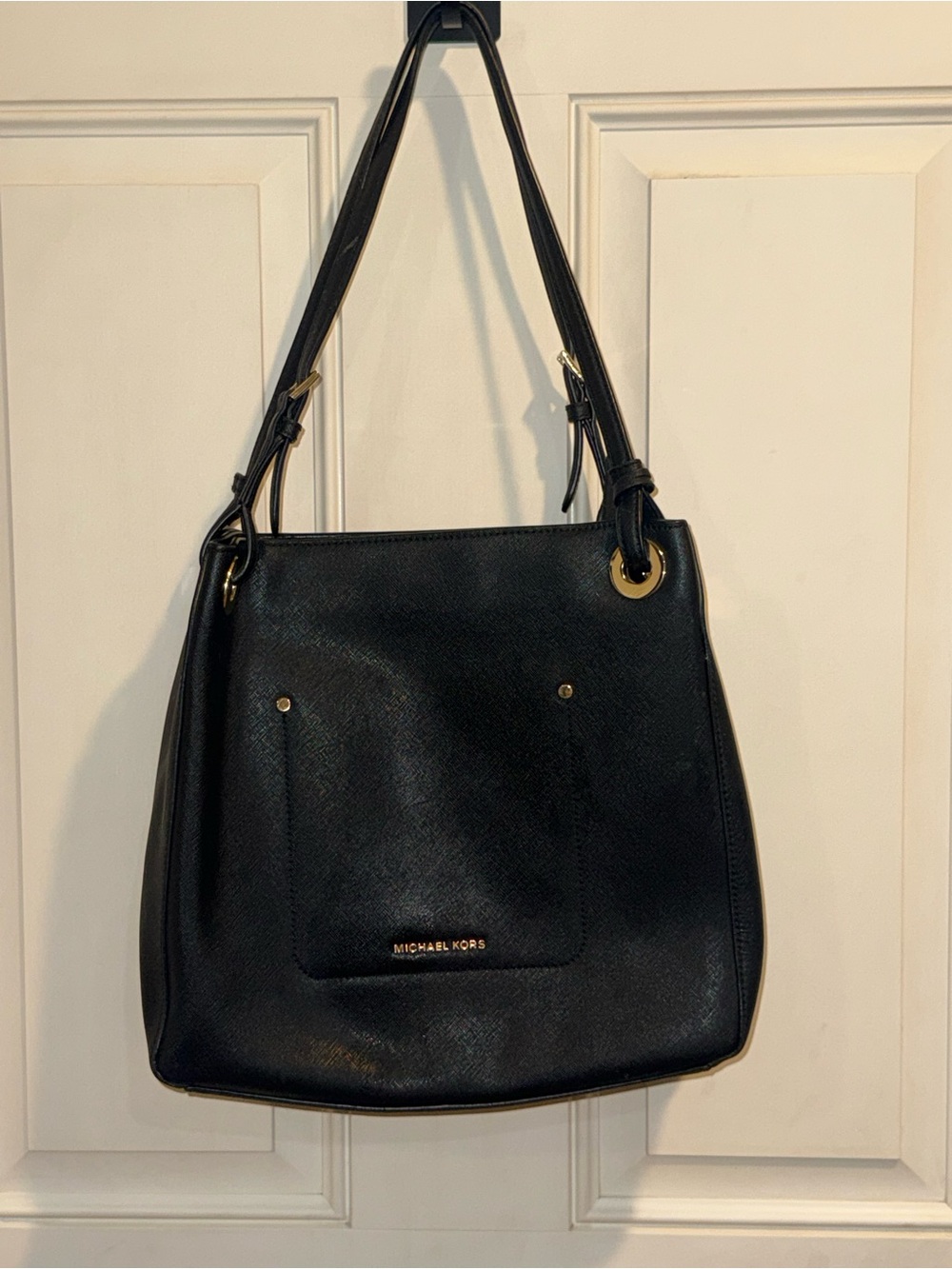 MICHAEL KORS Black Leather Shoulder Tote with Gold Accents
